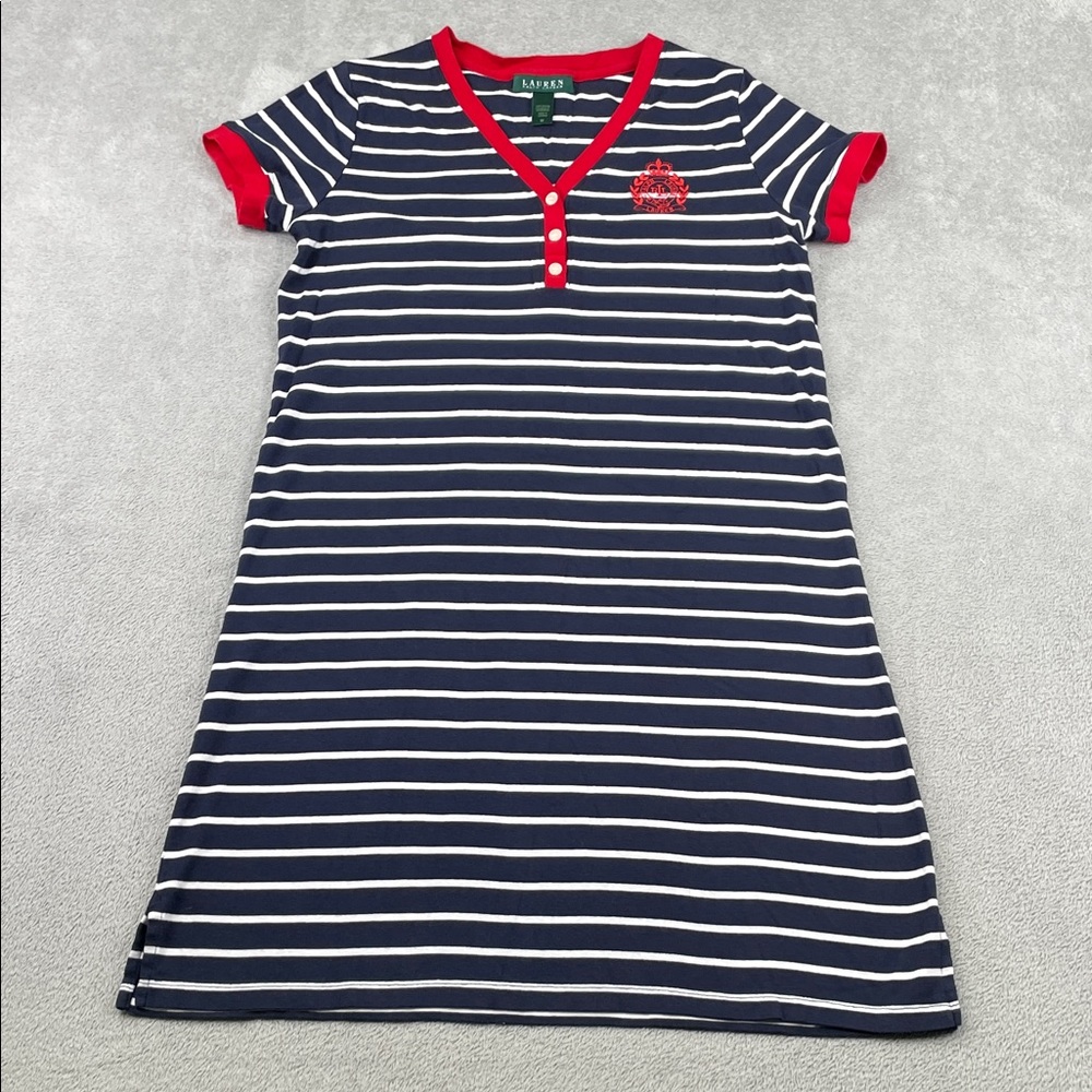 Ralph‎ Lauren M 100% Cotton Navy White Striped Nightgown Nightie Dress